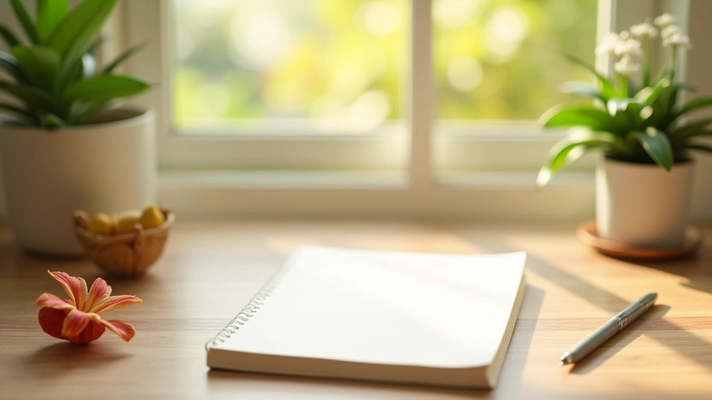 Gratitude practice materials and journal setup for daily meditation routine