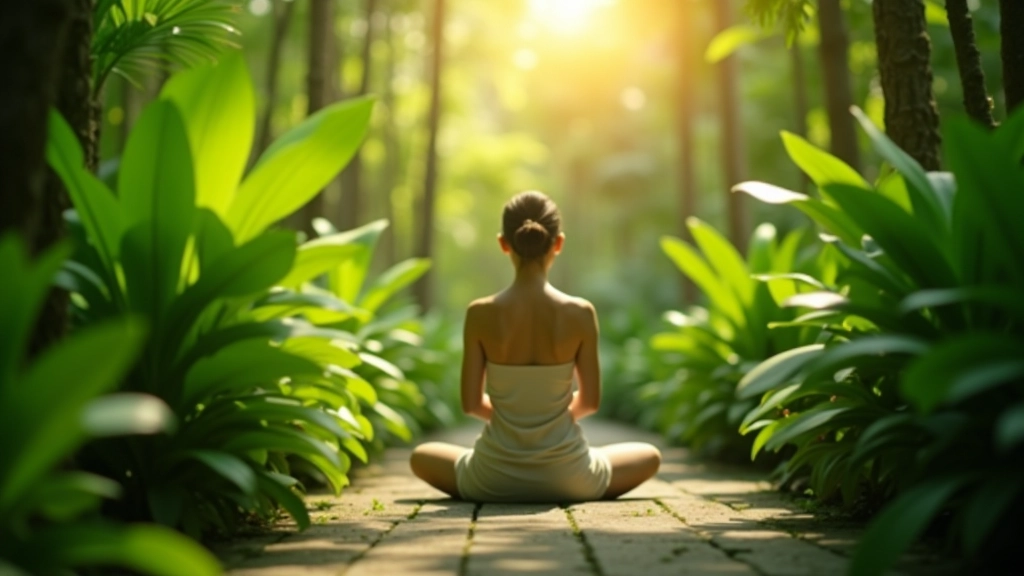Peaceful tropical garden setting perfect for morning meditation and wellness practice