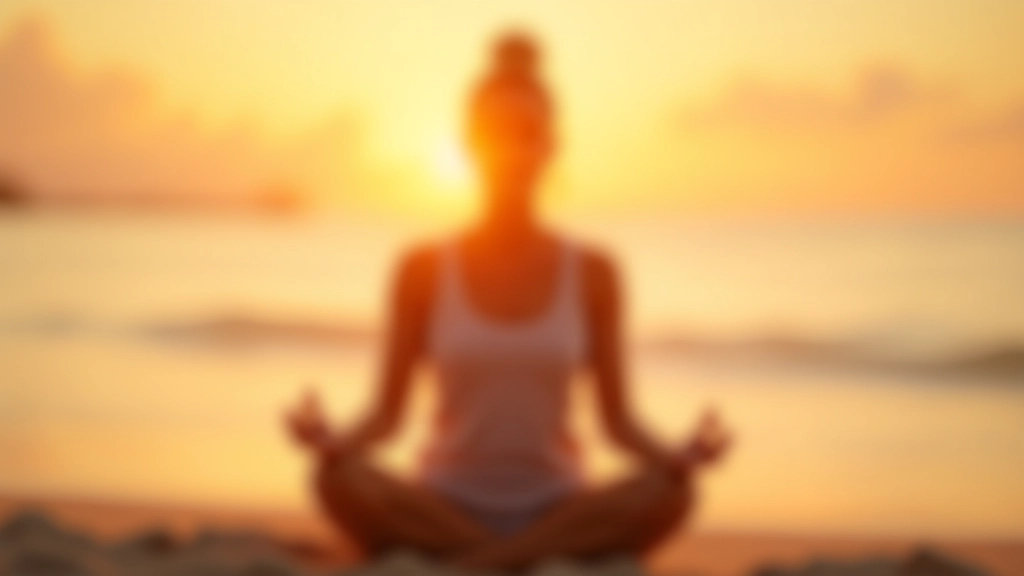 Woman meditating at sunrise on a tropical beach in Malaysia, serene ocean view, golden morning light, peaceful expression